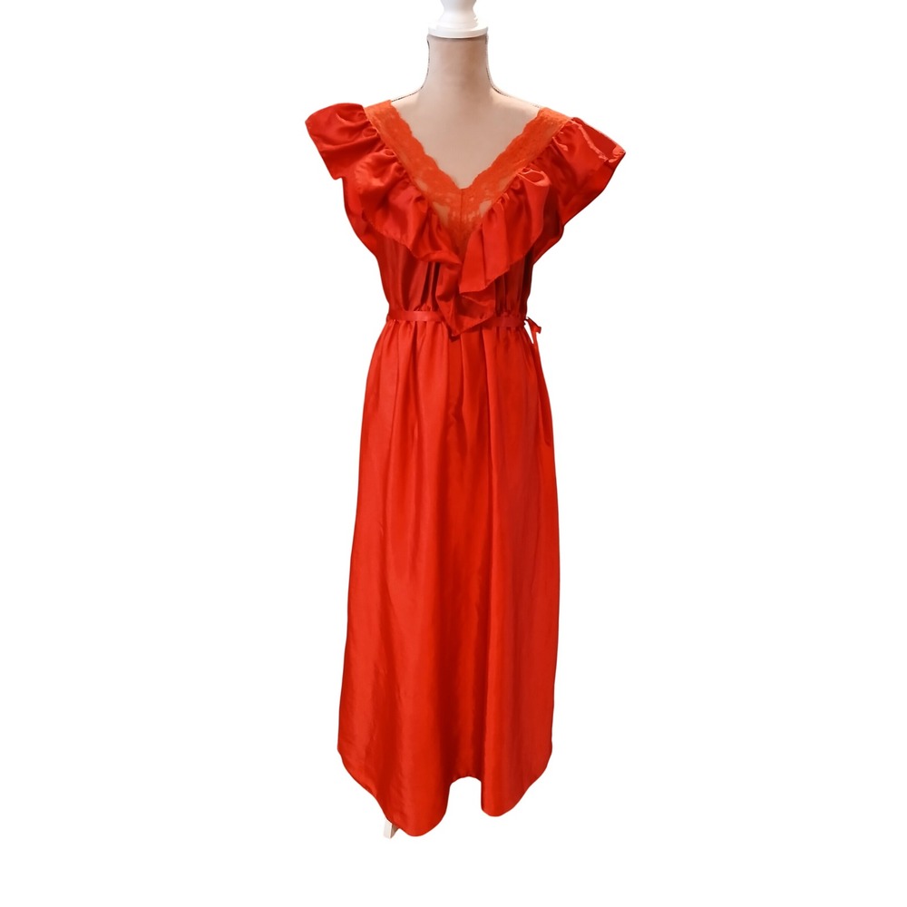 80s Ilise Stevens Red Satin Ruffle Lace V-Neck Nightgown Maxi Sleep Dress